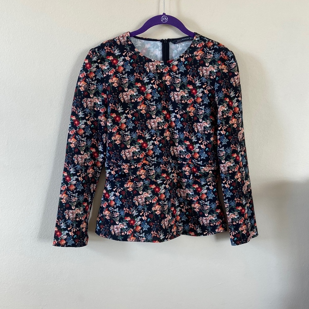 Zara Floral Peplum Blouse Black Long Sleeve Tailored Waist Zip Back Medium